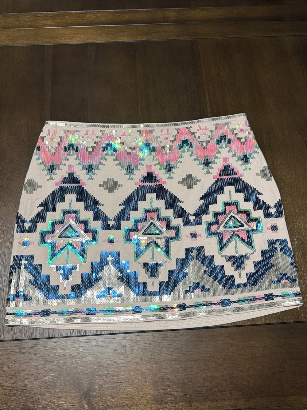 Express Aztec Sequin Tribal Mini Skirt in Pink, Navy & Aqua